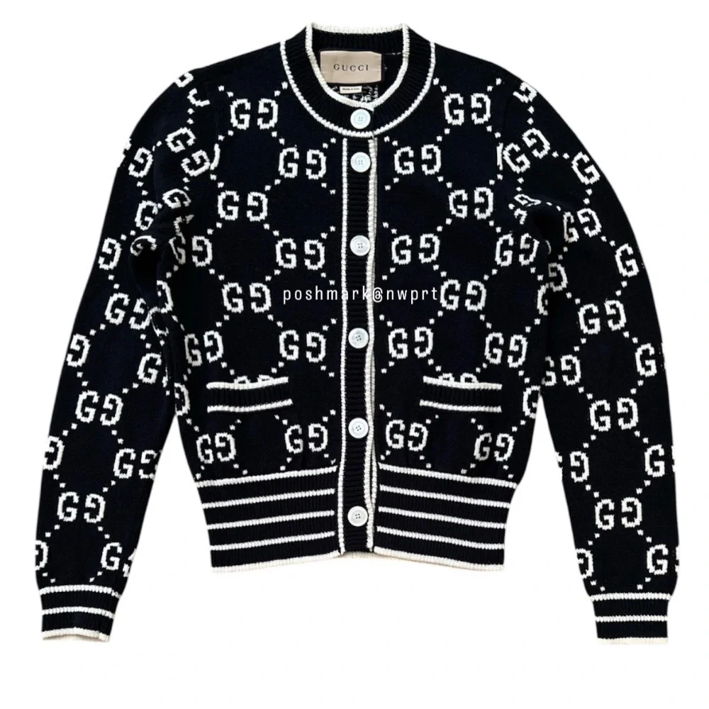 GUCCI 🙌 GG Supreme Logo Cardigan Sweater Black Ivory White Cotton XS - Picture 6 of 16